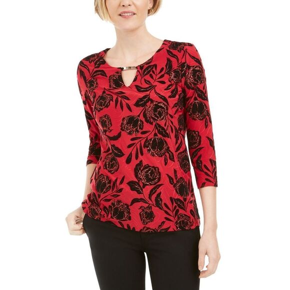 JM Collection Flocked Velvet Jacquard Top New Red Amore Floral Velvet L - Picture 1 of 3